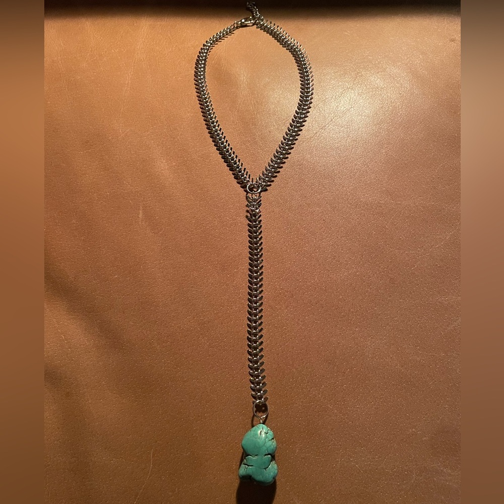 Turquoise vertebrae backbone lariat necklace silver blue Y necklace - Picture 4 of 7